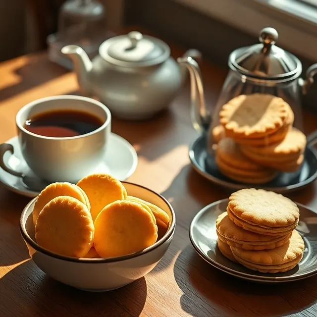 Shortbread vs. Butter Cookies: How to Tell Them Apart 4 Butter cookies served with coffee and shortbread cookies with tea on a cozy table setup."