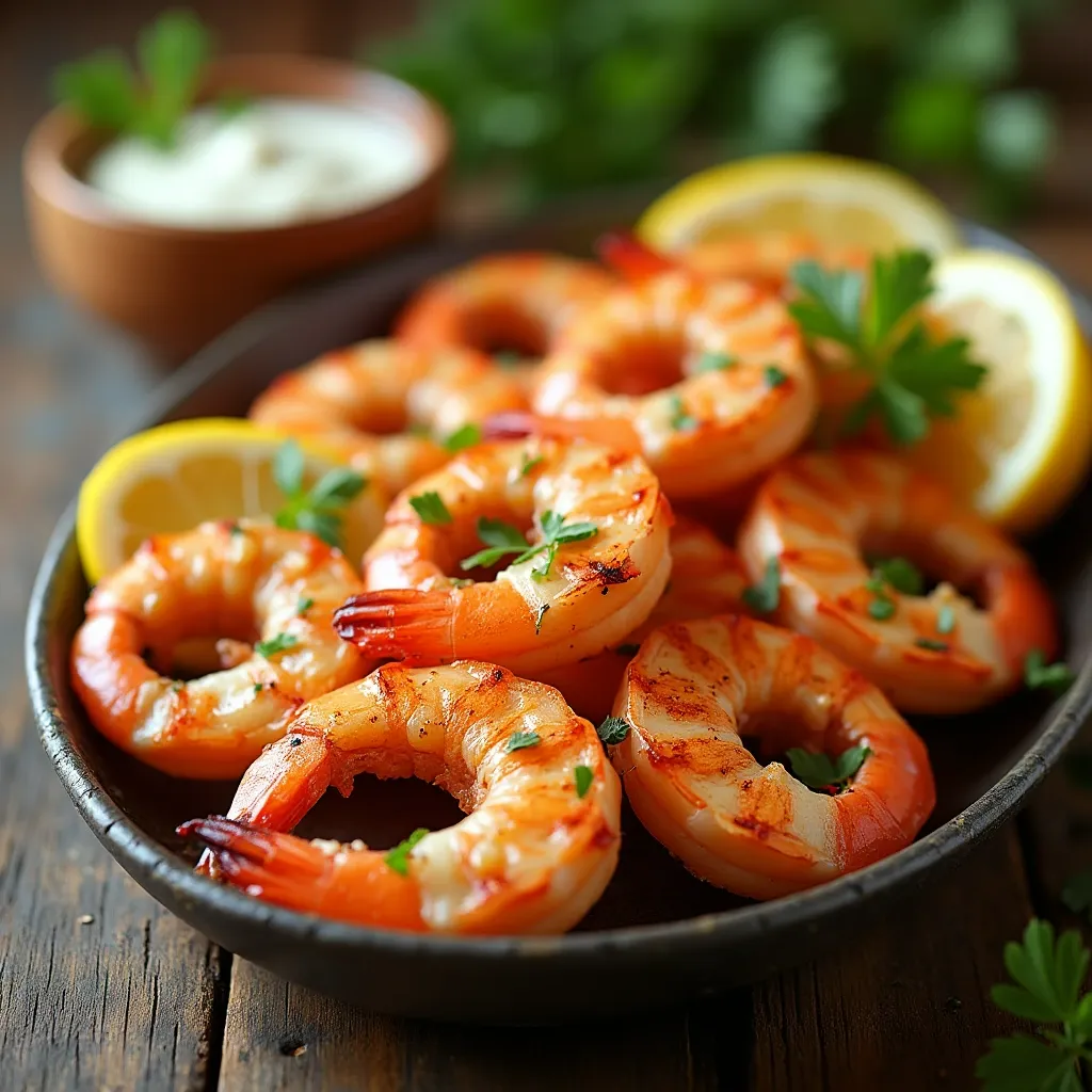 Shrimp Pairing Guide. A vibrant platter of shrimp with lemon wedges, parsley, and a dipping sauce.