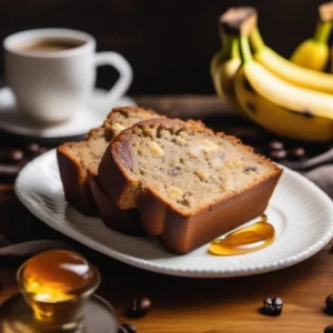 How to Master the Banana Bread Formula: Ratios, Ingredients, and 5 Tips 4 A slice of banana bread served on a plate, garnished with a drizzle of honey and a side of fresh banana slices.