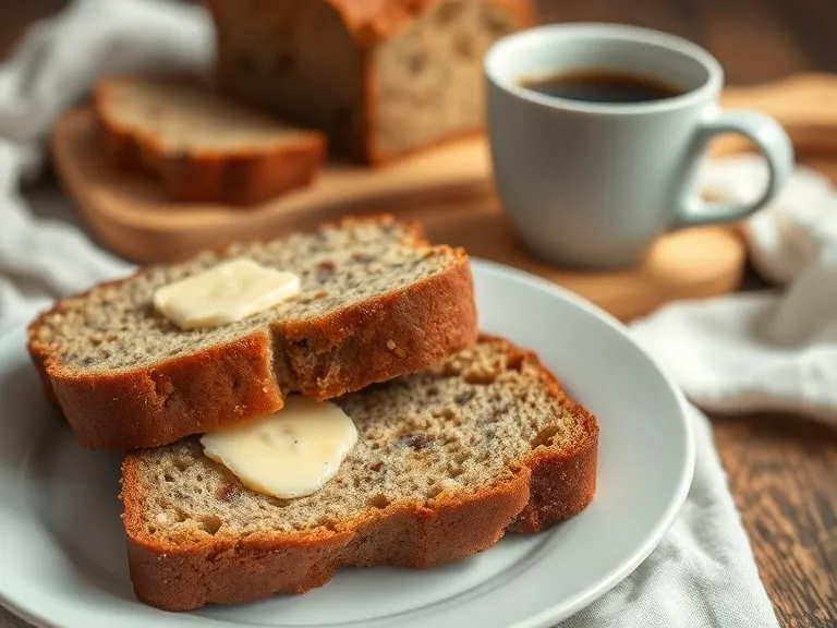 4-Ingredient Banana Bread. A loaf of banana bread sliced into pieces, served with a pat of butter on a plate.