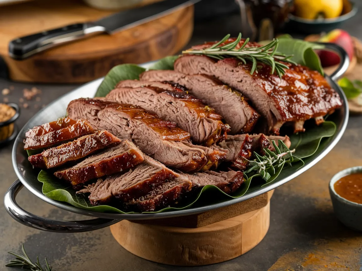 Sliced beef back ribs on a serving platter.