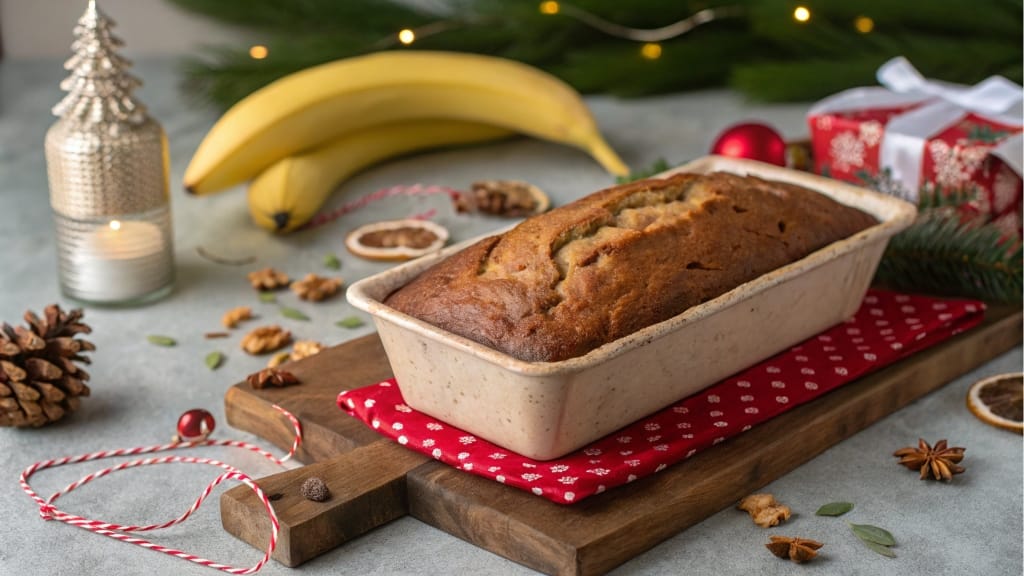 What Makes Bananas Taste Better? Flavor-Boosting Secrets 4 A loaf of freshly baked banana bread on a wooden cutting board, surrounded by ripe bananas and a small bowl of honey.