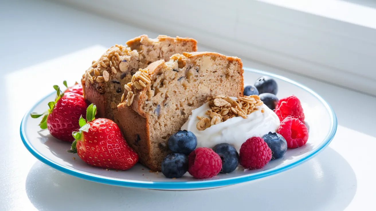 Banana bread slices served with fresh strawberries, blueberries, and a dollop of yogurt on a white plate.