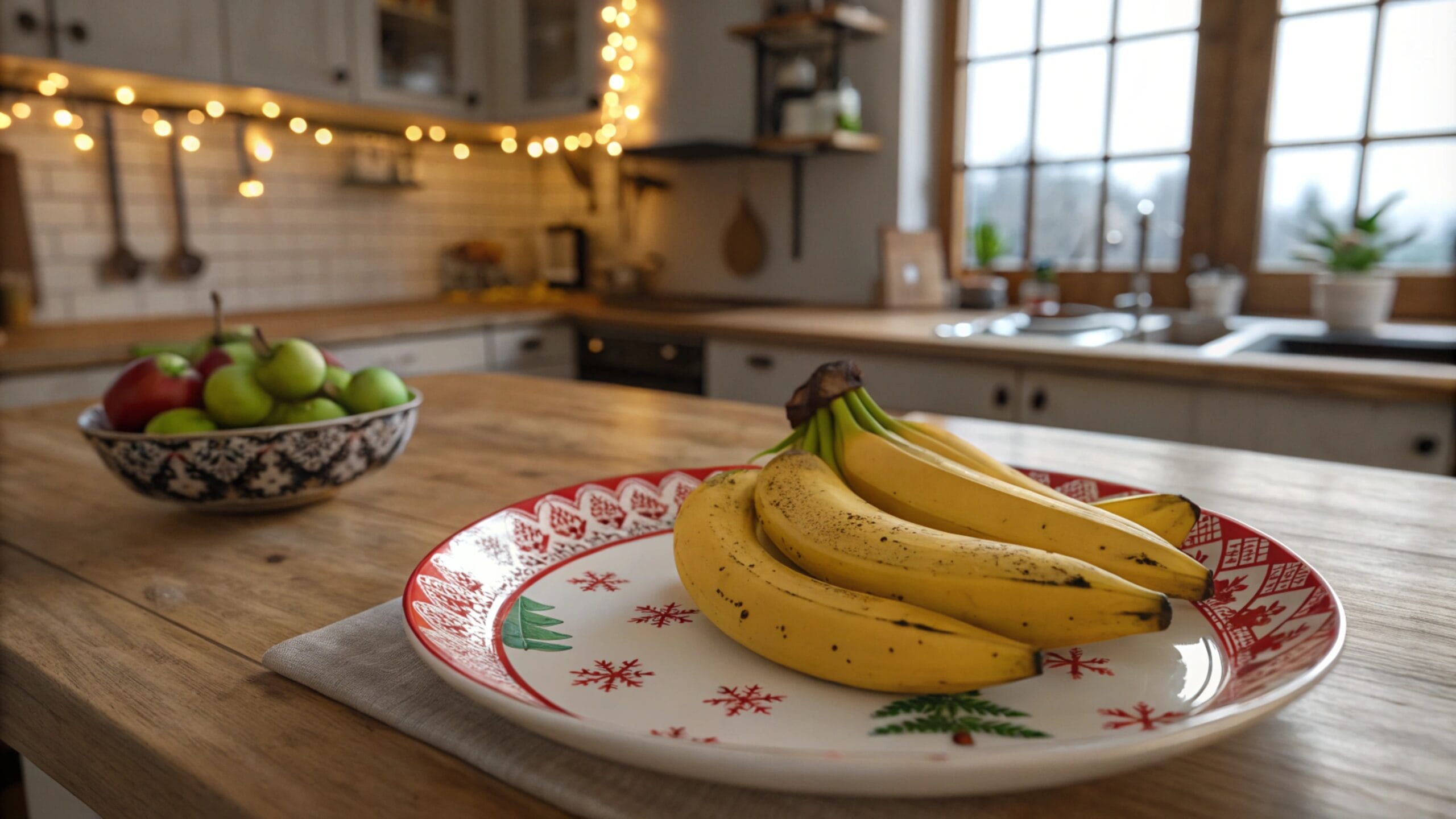 A bunch of overripe bananas with brown spots on their peel, resting on a wooden kitchen countertop."