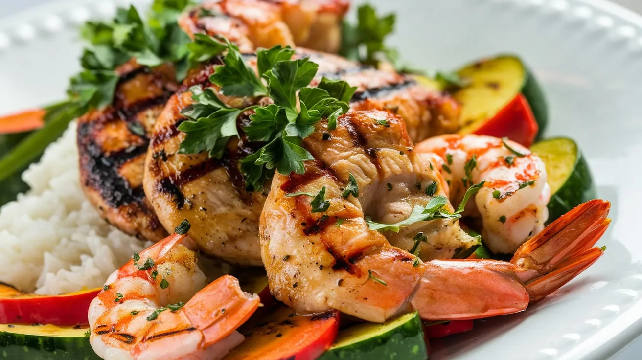 Chicken and Shrimp Recipes. A beautifully plated dish of chicken and shrimp garnished with fresh herbs, served with rice and vegetables.