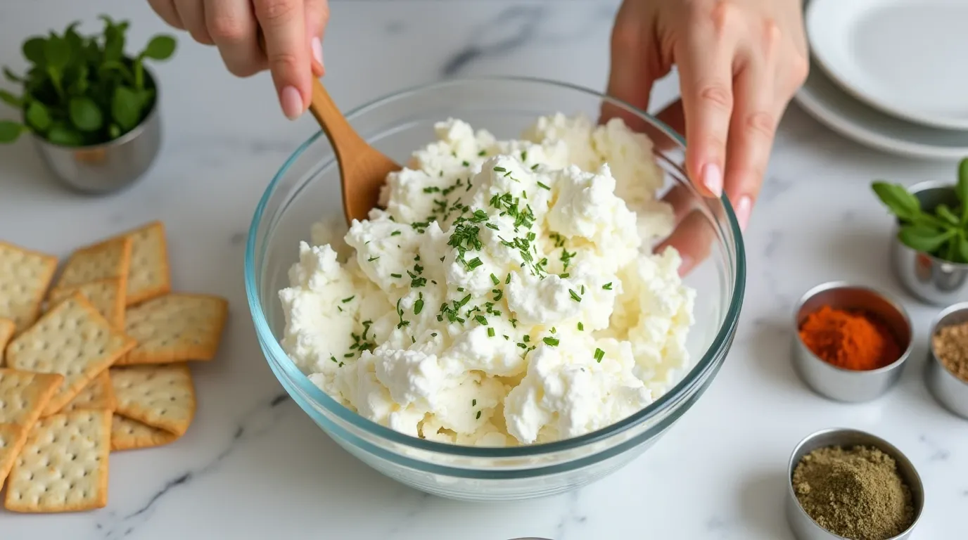 Cottage Cheese Dip Pairings: The Best Crackers to Use 3 A person preparing cottage cheese dip with herbs and crackers on a marble kitchen countertop.