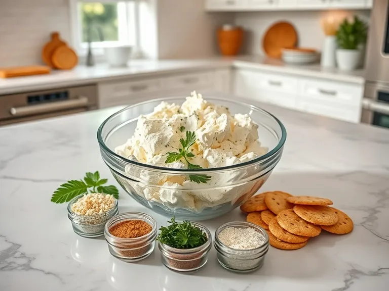 Cottage Cheese Dip Pairings: The Best Crackers to Use 3 A person preparing cottage cheese dip with herbs and crackers on a marble kitchen countertop.