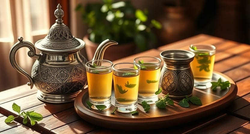 When should I drink Moroccan mint tea? Traditional Moroccan mint tea served in ornate glasses with a silver teapot.