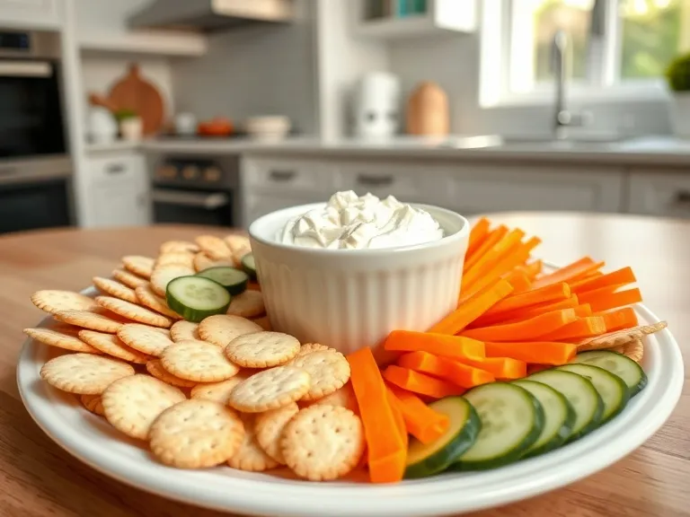 Cottage Cheese Dip Pairings: The Best Crackers to Use 4 A serving platter with cottage cheese dip, crackers, and vegetable sticks in a modern kitchen.