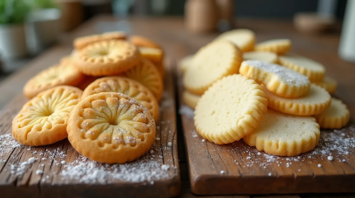 Difference between butter cookies and shortbread cookies. A split comparison of butter cookies and shortbread cookies on a rustic wooden table, highlighting their differences in texture and appearance