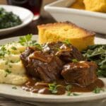 A plated dish of braised beef neck bones served with mashed potatoes and greens.