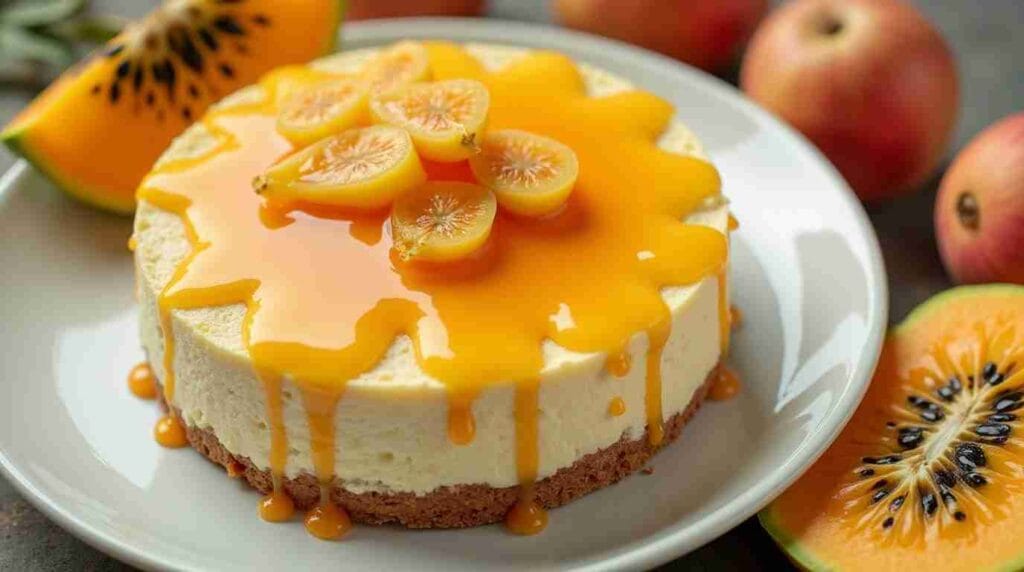What Does Maracuya Taste Like? 6 Fascinating Facts You Must Know 2 What Does Maracuya Taste Like? A creamy maracuya cheesecake topped with maracuya sauce and fresh fruit slices.