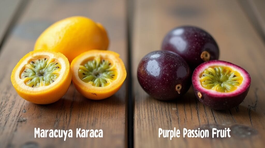 Are maracuya and Passion Fruit the Same? 7 Amazing Benefits You Need to Know! 2 Are maracuya and Passion Fruit the Same? Maracuya and purple passion fruit side by side on a wooden table.