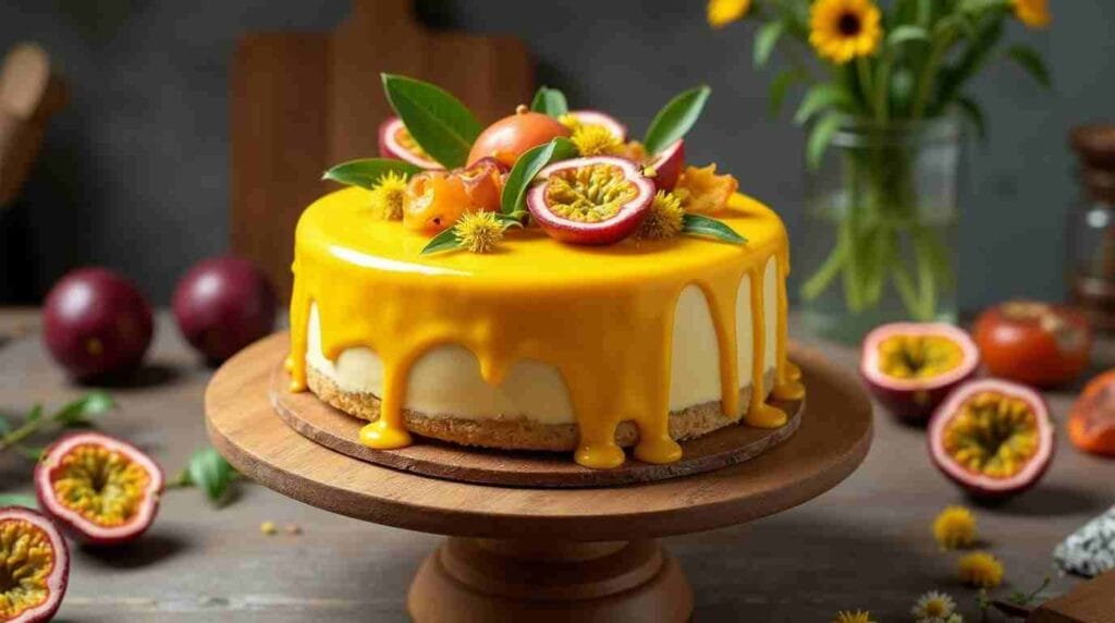 Why Is Passion Fruit So Expensive? 5 Fascinating Reasons You Should Know 2 A passion fruit cake with creamy yellow glaze, fresh passion fruit halves, and edible flowers on a wooden cake stand in a cozy kitchen setting.