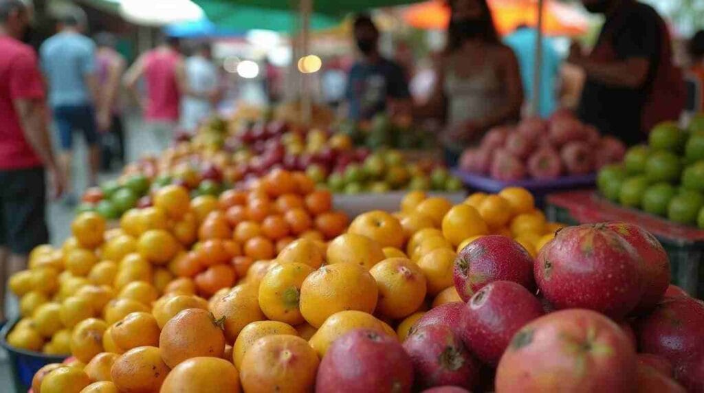 Why Is Passion Fruit So Expensive? 5 Fascinating Reasons You Should Know 3 A marketplace scene with a seller arranging passion fruits on a colorful stall surrounded by other tropical fruits and customers.