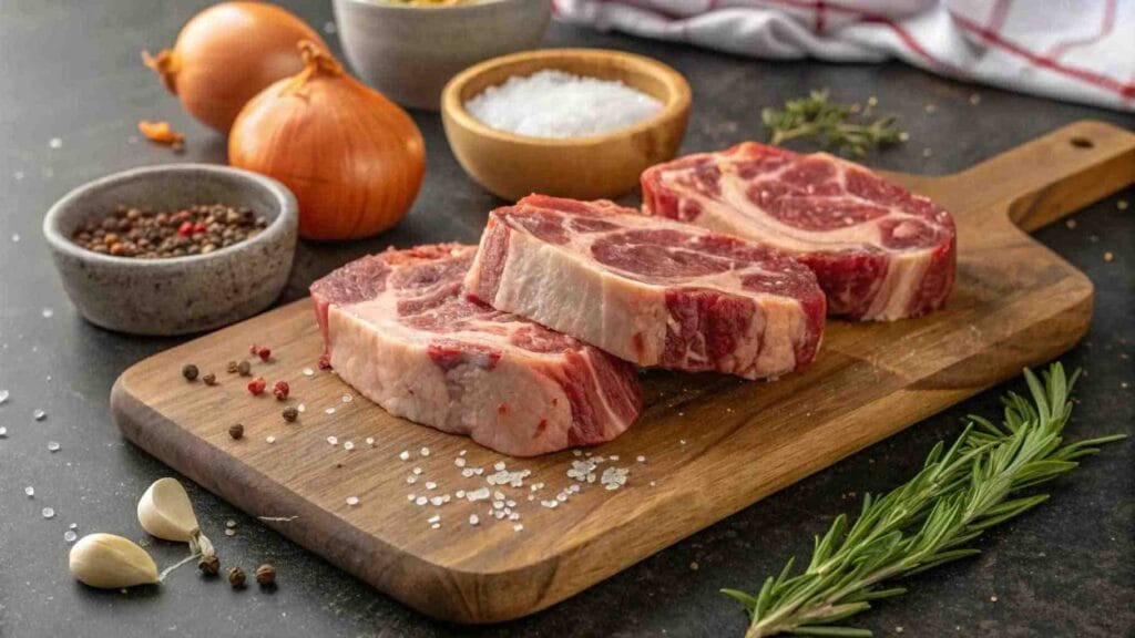 Beef Neck Bones: A Hidden Gem for Luxurious, Slow-Cooked Flavor in 2025! 5 Fresh raw beef neck bones on a wooden cutting board with seasoning ingredients.