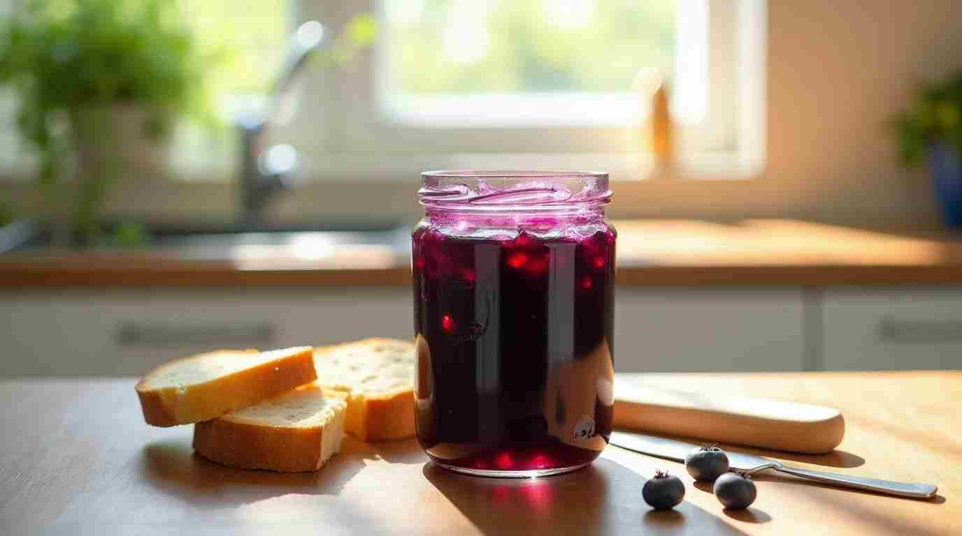 Jar Of Blueberry Preserves On A Kitchen Table