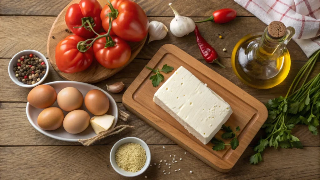 Fresh ingredients for Baked Feta Eggs, including feta cheese, eggs, cherry tomatoes, red bell pepper, onion, garlic, and olive oil on a rustic wooden kitchen counter.