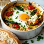 Perfectly baked feta eggs in a skillet, with melted feta cheese, golden egg yolks, and fresh herbs, served with toasted bread.