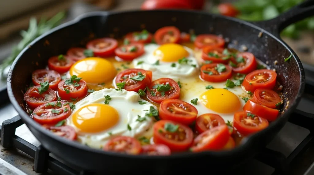 A skillet with feta cheese in the center, surrounded by cherry tomatoes, diced bell peppers, and eggs, ready to be baked to perfection.