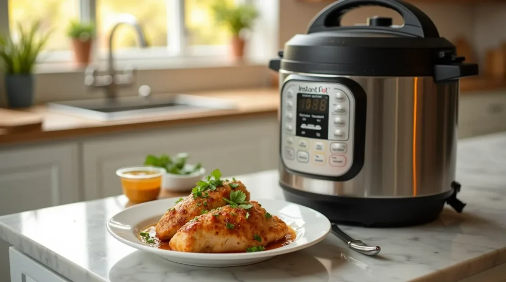 Freshly cooked shredded chicken inside an Instant Pot.