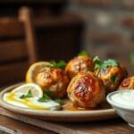 Juicy Greek turkey meatballs with tzatziki and lemon wedges