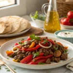 Mediterranean Ground Beef Stir-Fry plated with fresh vegetables and herbs.