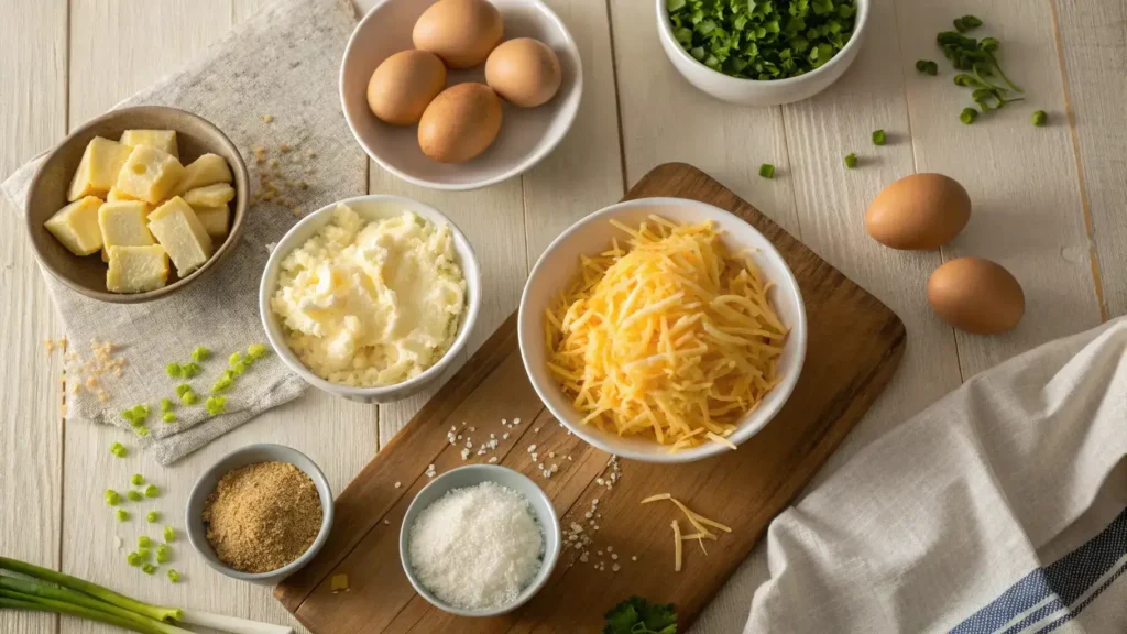 Crispy Cheesy Potato Puffs – The Ultimate Mouthwatering Guide to a Golden, Cheesy Delight 6 Fresh ingredients for crispy cheesy potato puffs.