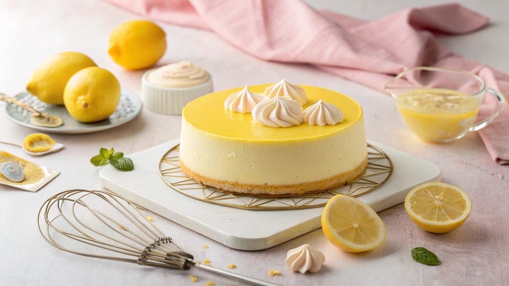 Whole Velvety Lemon Mousse Cake with Fresh Lemons