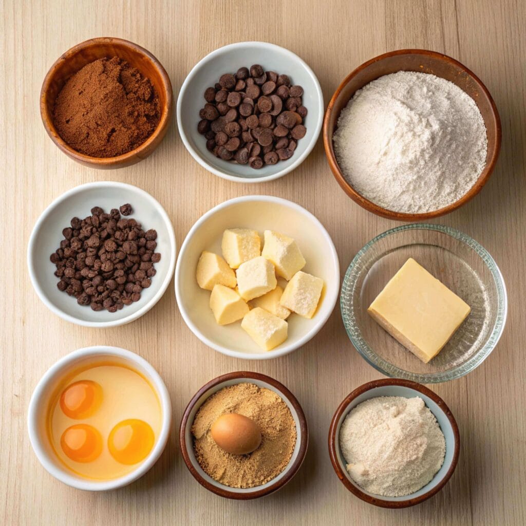 How to Make Brownie Cupcakes – The Ultimate Rich, Moist & Irresistible Treat 3 Measured ingredients for brownie cupcakes arranged neatly on a kitchen counter.