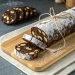 Chocolate Salami Recipe 5 A whole chocolate salami dusted with powdered sugar, tied with kitchen twine, and sliced at one end.