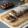 A whole chocolate salami dusted with powdered sugar, tied with kitchen twine, and sliced at one end.