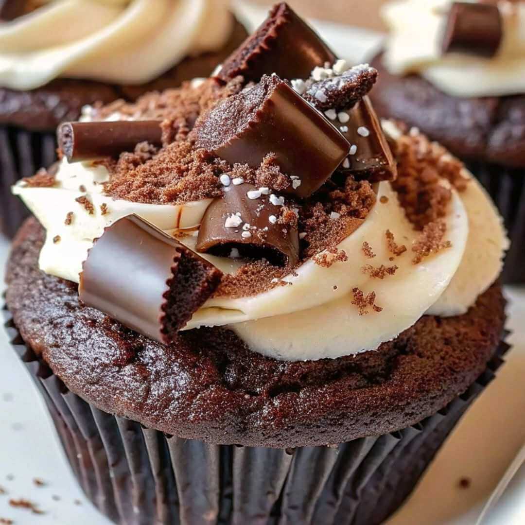 A tray of heavenly brownie cupcakes topped with glossy chocolate ganache and a dusting of powdered sugar.