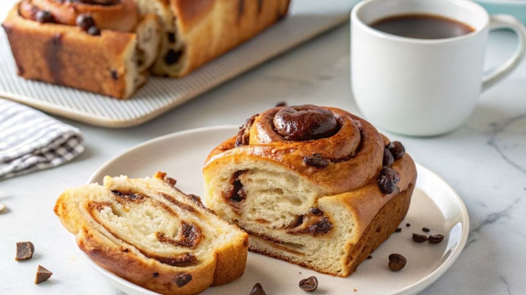 Cookie Dough Nutella Brioche: Perfectly Decadent and Easy to Make 6 A plated slice of Cookie Dough Nutella Brioche with visible swirls of Nutella and cookie dough, served alongside a cup of coffee.