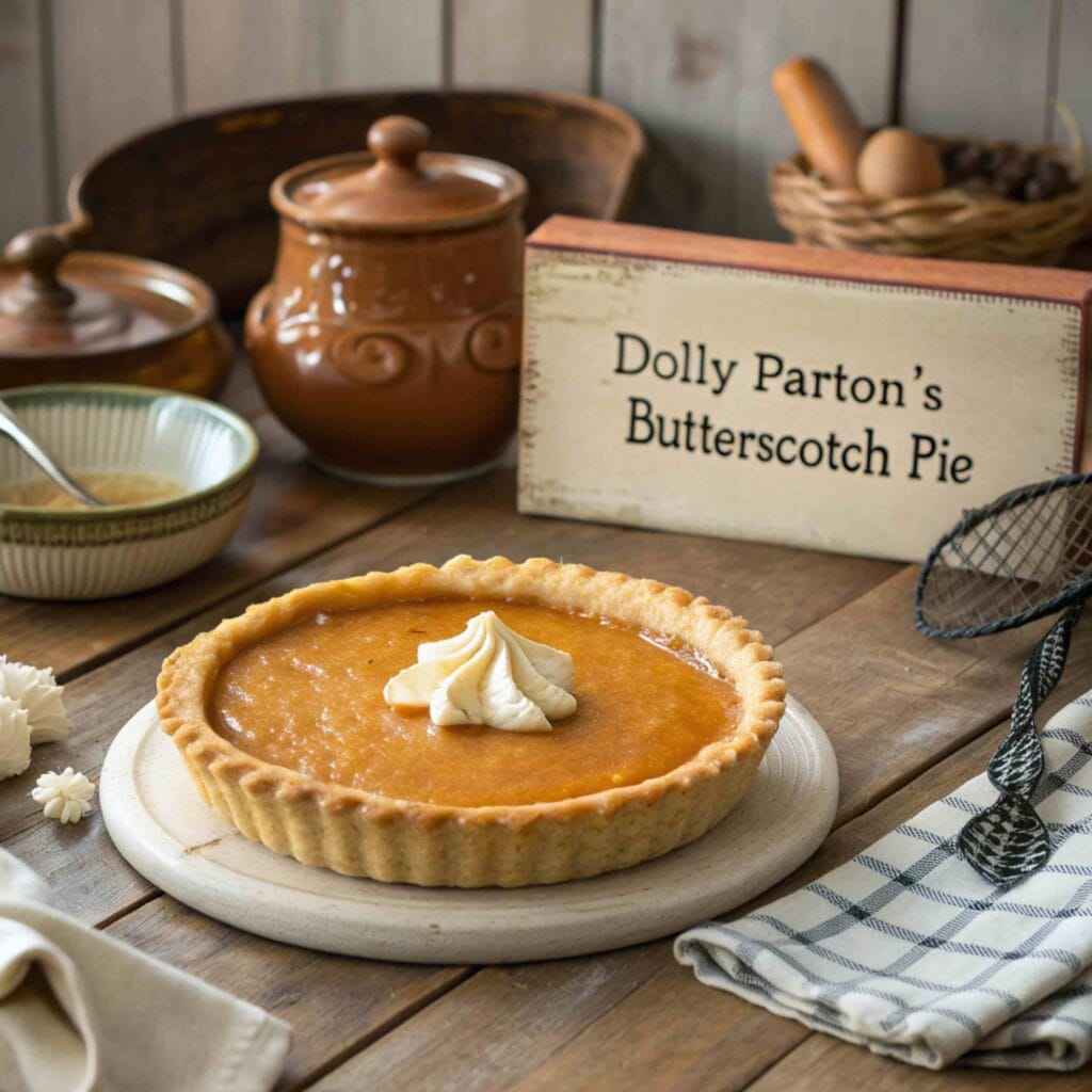 A whole butterscotch pie with a golden crust, showcasing Dolly Parton's classic dessert.