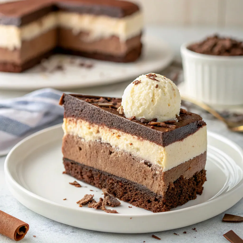 Chocolate Loaf Ice Cream Cake 4 A slice of chocolate loaf ice cream cake showing layered chocolate cake and vanilla ice cream inside.