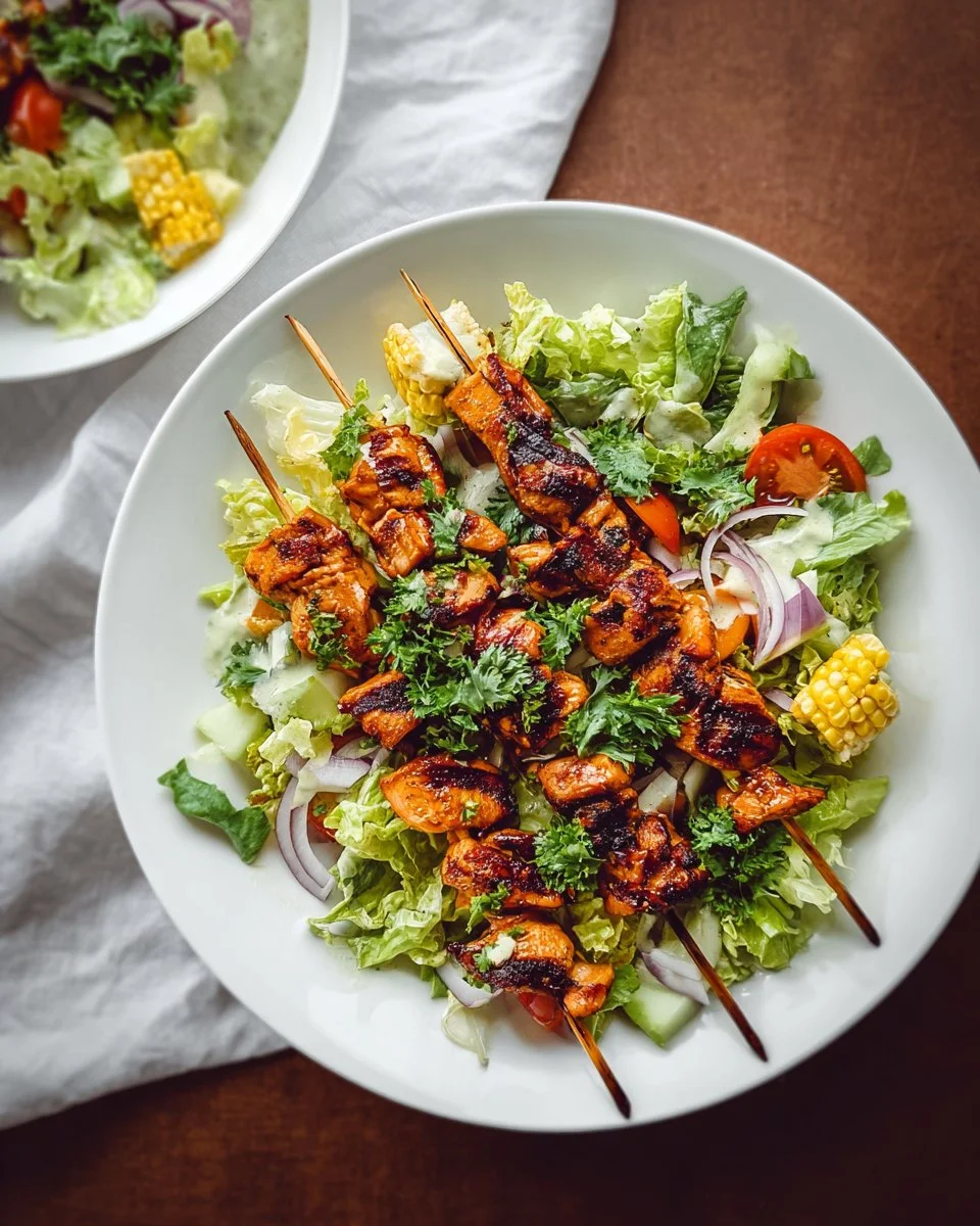 Delicious BBQ chicken skewer salad with fresh vegetables.