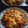 Delicious Cheesy Cabbage Beef Casserole served in a baking dish