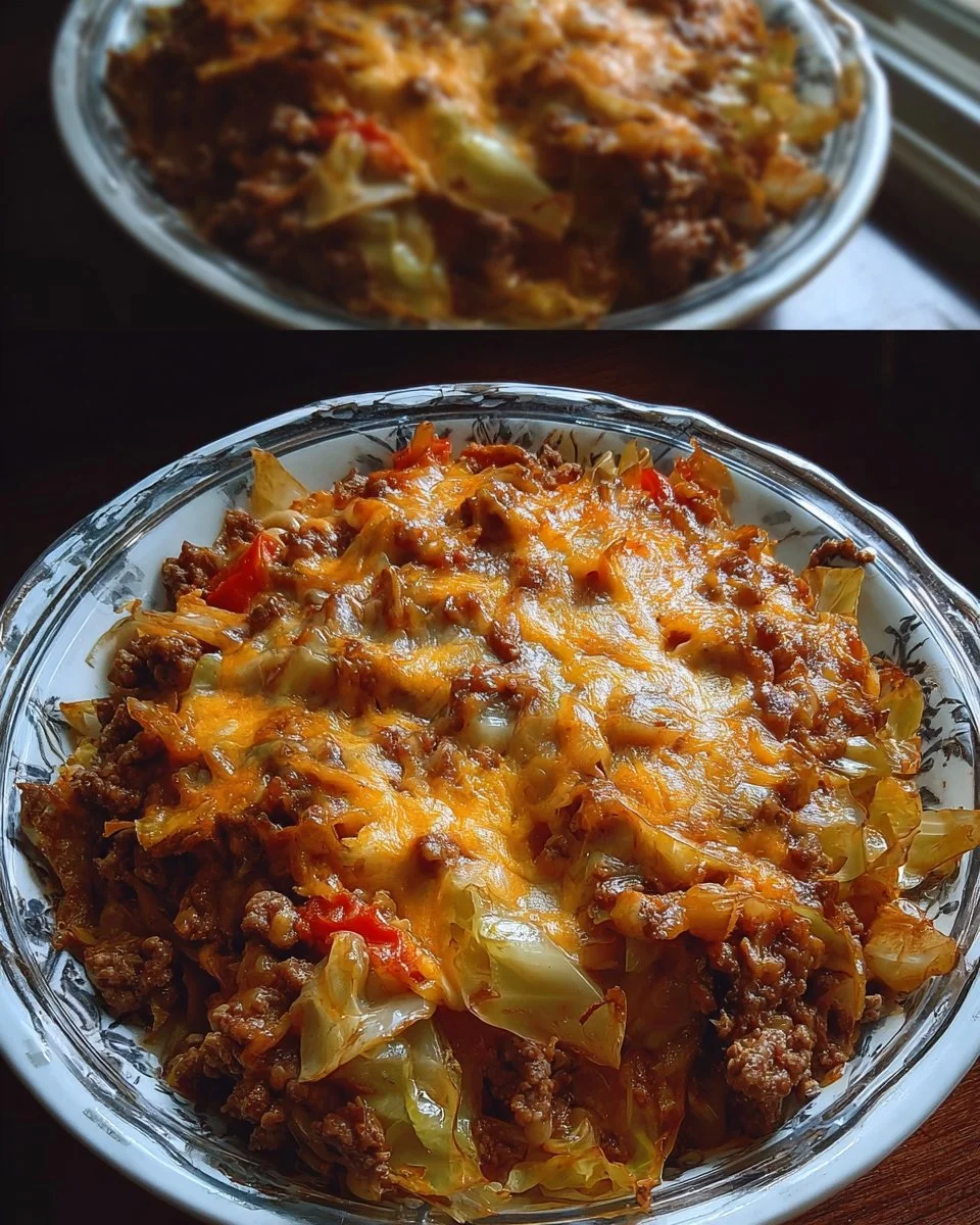 Delicious Cheesy Cabbage Beef Casserole served in a baking dish
