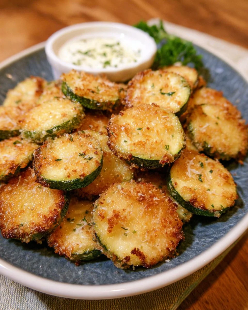 Plate of crispy fried zucchini slices served with dipping sauce
