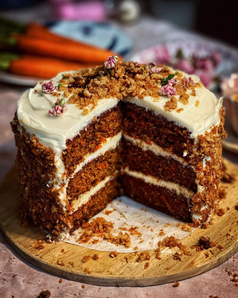 Decadent carrot cake with cream cheese frosting and garnished with walnuts.