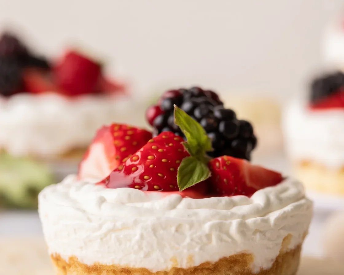 A close-up of a mini cheesecake topped with whipped cream, strawberries, and blackberries