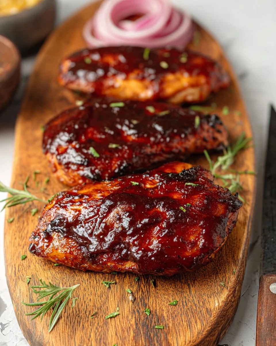 Deliciously baked BBQ chicken breast with a caramelized glaze and herbs