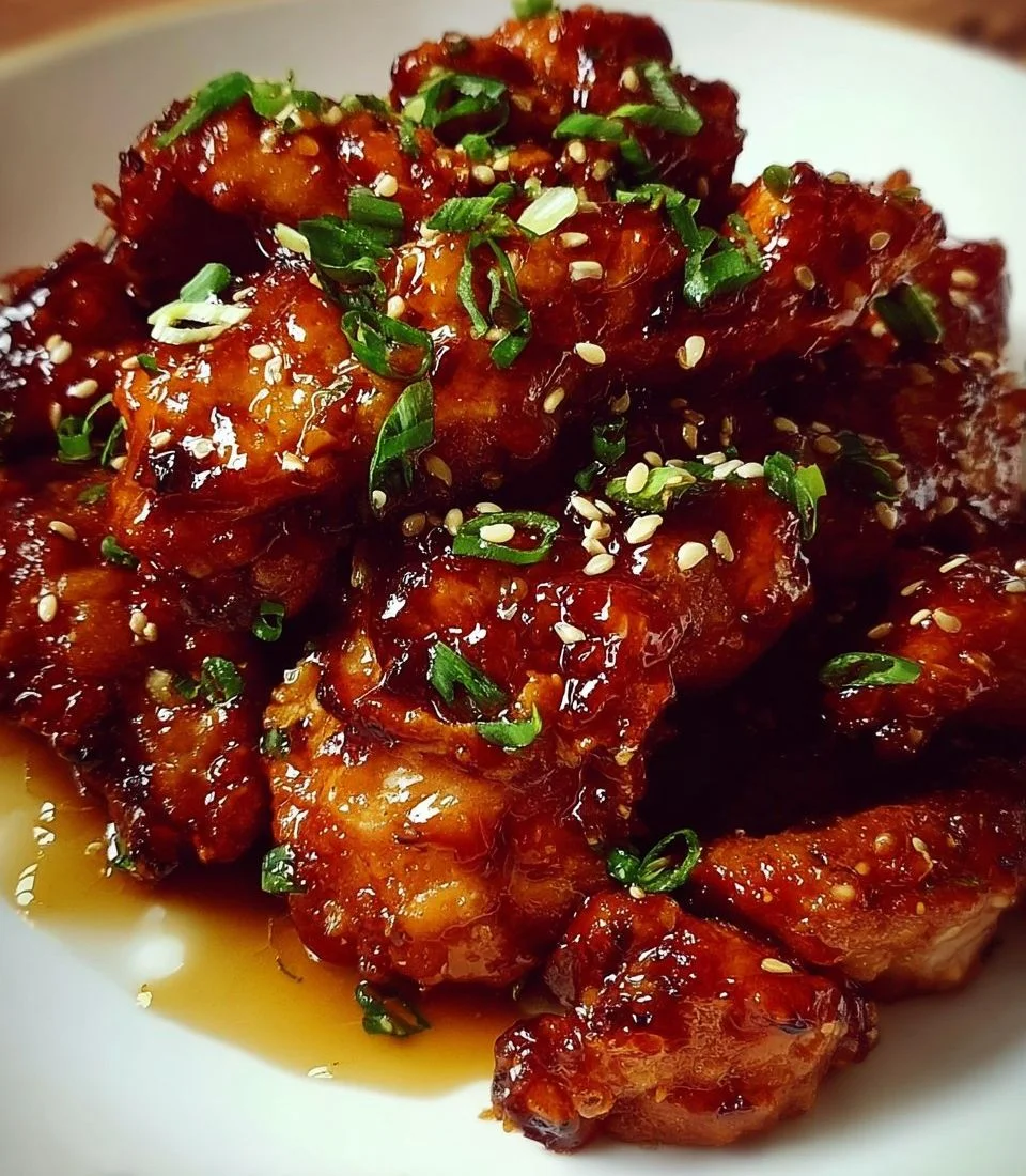 Plate of delicious Honey Chicken garnished with herbs and served with rice.