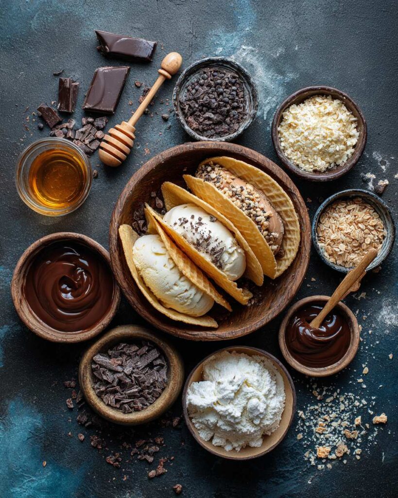 Delicious Mini Ice Cream Tacos You Can Make at Home 2 Mini Ice Cream Taco ingredients laid out on a table, including waffle shells, scoops of vanilla ice cream, melted chocolate, and rainbow sprinkles.