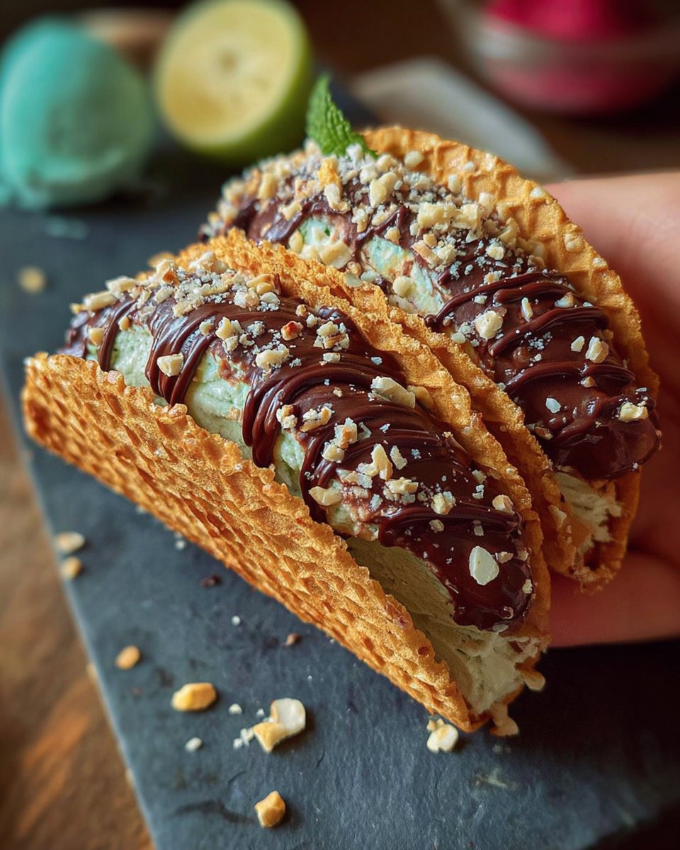 Delicious Mini Ice Cream Tacos You Can Make at Home 4 Mini ice cream tacos with waffle shells filled with vanilla ice cream and topped with chocolate drizzle and sprinkles.