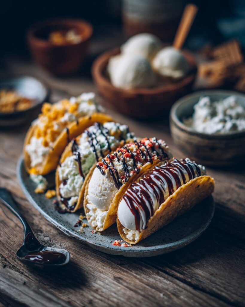 Delicious Mini Ice Cream Tacos You Can Make at Home 3 Plate of mini ice cream tacos with waffle shells filled with vanilla ice cream, topped with chocolate drizzle and rainbow sprinkles, ready to enjoy.