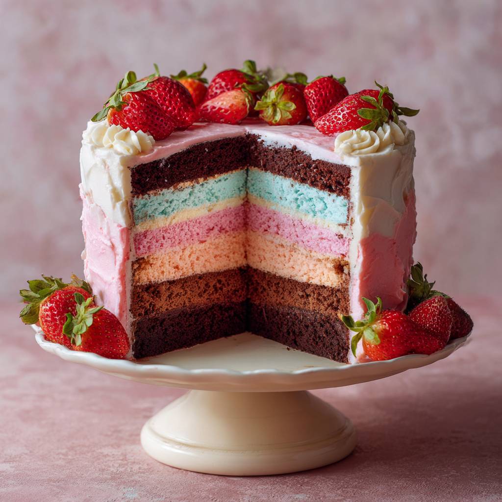 Neapolitan cake with chocolate, vanilla, and strawberry layers covered in smooth buttercream frosting