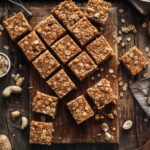 Homemade no-bake peanut butter granola bars cut into squares, topped with oats and peanuts, on a wooden board