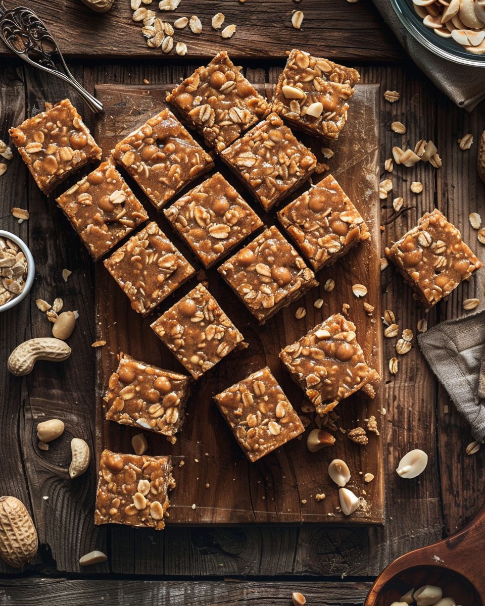 No-Bake Peanut Butter Granola Bars You’ll Love 5 Homemade no-bake peanut butter granola bars cut into squares, topped with oats and peanuts, on a wooden board